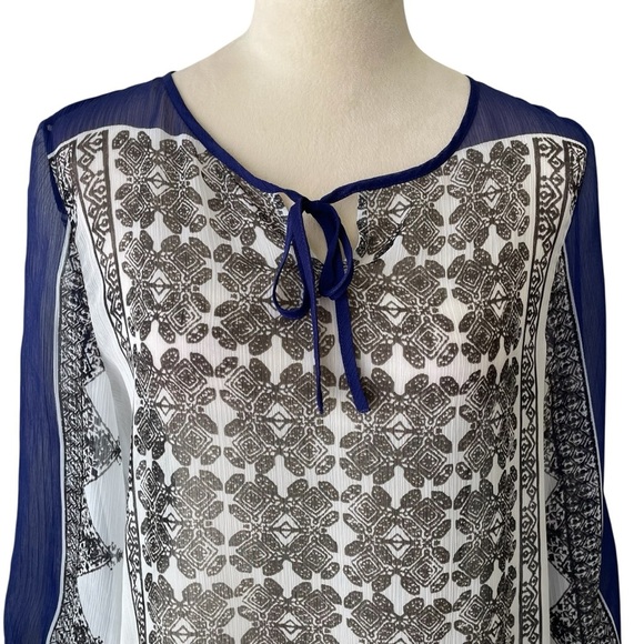 Chico’s Semi Sheer Boho Peasant Floral Blouse Navy White Print Women’s Size M - Picture 5 of 7